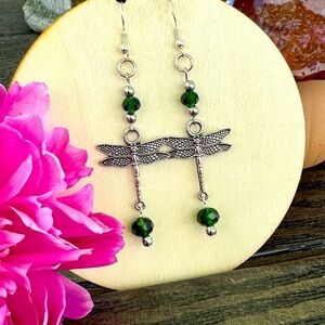 Green and Silver Dragonfly Dangle Earrings